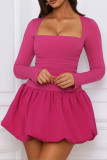 Solid Color Square Collar Flower Bud Short Skirt