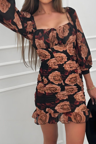 U-Neck Floral Print Long Sleeved Dress