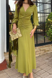 French V-Neck Waist Cinching Bubble Sleeve Dress