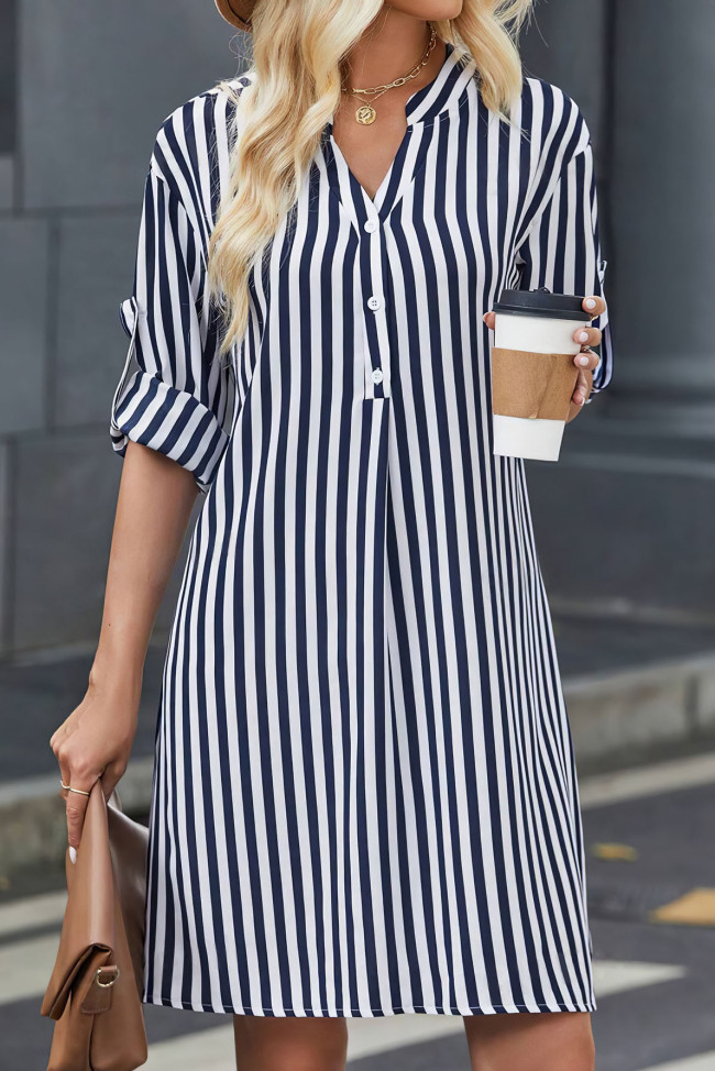 V-Neck Striped Long Sleeved Shirt Dress