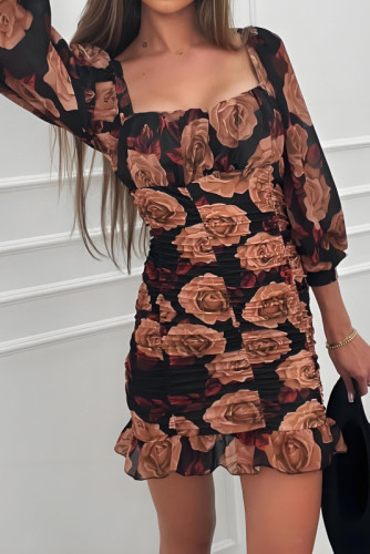U-Neck Floral Print Long Sleeved Dress