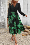 Vintage V-Neck Long Sleeved Printed Dress