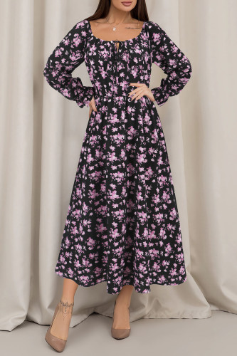 Lantern Sleeve Square Collar Floral Dress