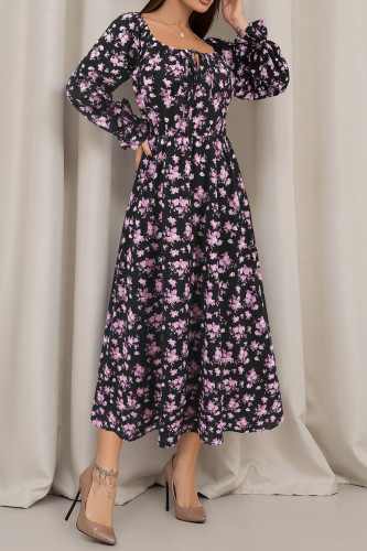 Lantern Sleeve Square Collar Floral Dress