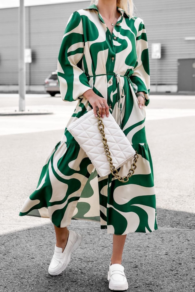Loose Printed Long Sleeved Shirt Dress