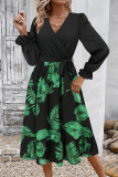 Vintage V-Neck Long Sleeved Printed Dress