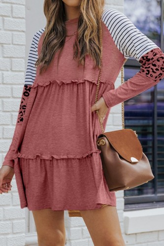 High Waisted Round Neck Leopard Print Dress