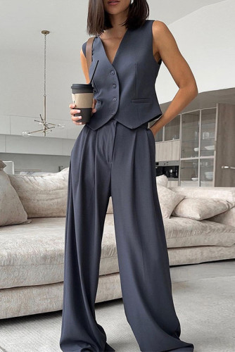 V-Neck Sleeveless Vest Wide Leg Pants Two-Piece Set