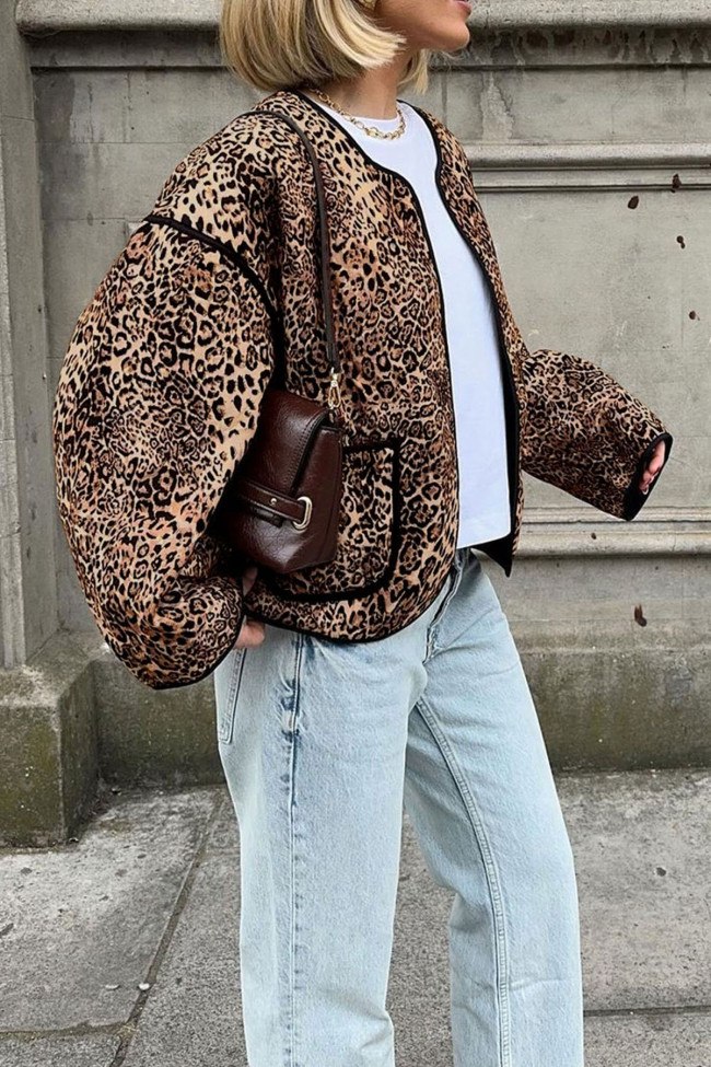 Retro Leopard Print Round Neck Short Jacket