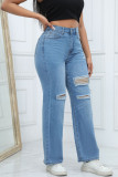High Waisted Ripped Denim Wide Leg Pants