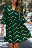 V-Neck Striped Lotus Leaf Short Sleeved Dress
