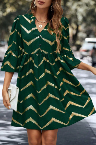 V-Neck Striped Lotus Leaf Short Sleeved Dress