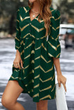 V-Neck Striped Lotus Leaf Short Sleeved Dress