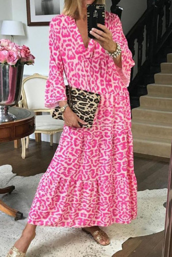 Leopard Print V-Neck Ruffled Short Sleeved Dress