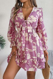 V-Neck Ruffled Lace Up Long Sleeved Dress