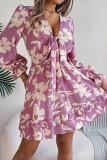 V-Neck Ruffled Lace Up Long Sleeved Dress