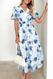 Bubble Sleeve Printed V-Neck Dress