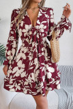 V-Neck Ruffled Lace Up Long Sleeved Dress