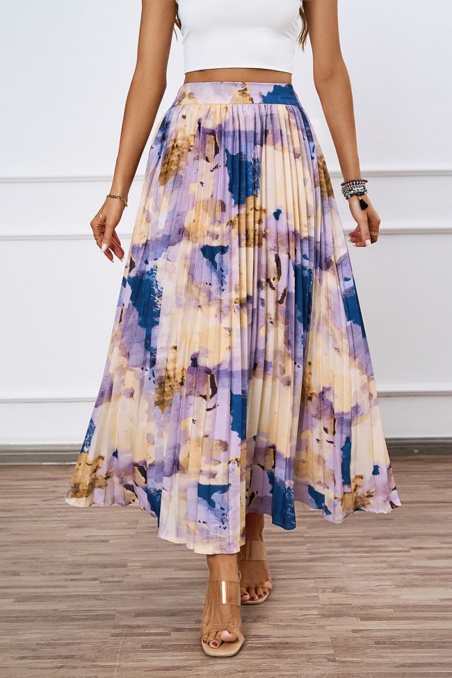 High End Oil Painting Printed Pleated Skirt