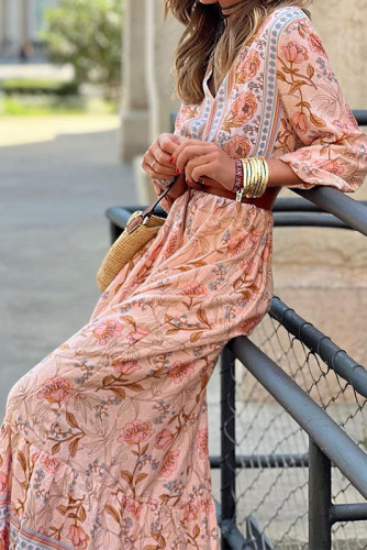 Bohemian Printed V-Neck Long Sleeve Dress