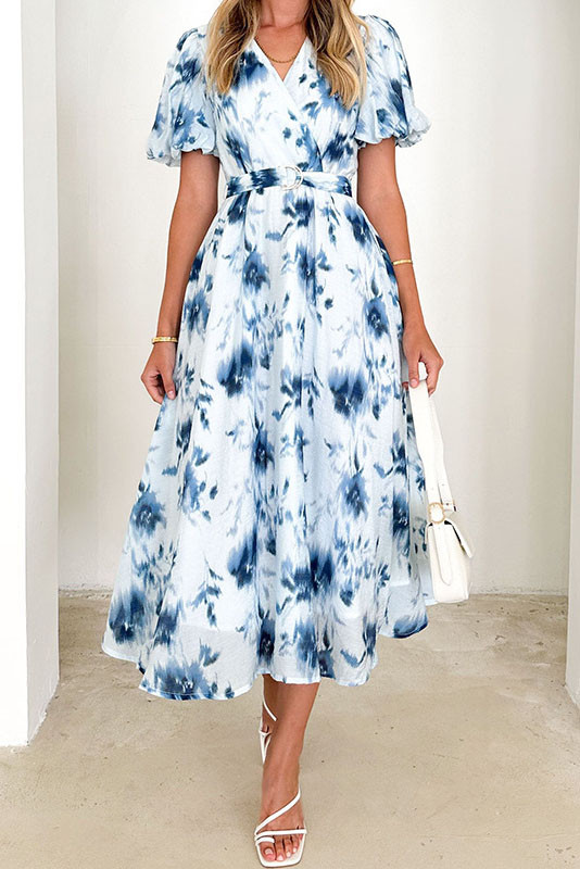 Bubble Sleeve Printed V-Neck Dress