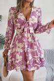 V-Neck Ruffled Lace Up Long Sleeved Dress