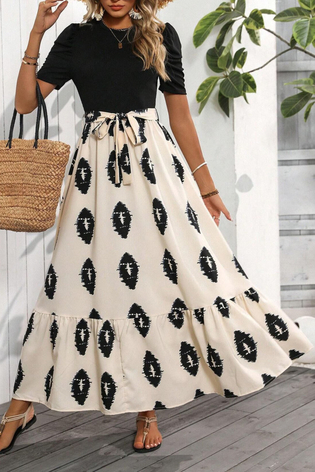 Geometric Print Round Neck Bubble Seeve Dress