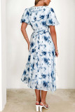 Bubble Sleeve Printed V-Neck Dress
