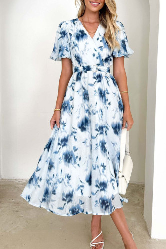 Bubble Sleeve Printed V-Neck Dress