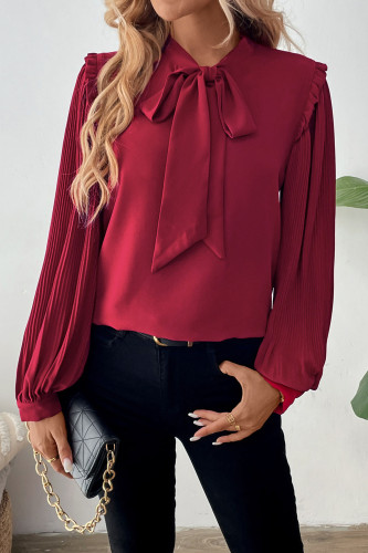 Pleated Long Sleeved Bow Collar Shirt