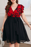 Large Size Lotus Leaf Sleeve Printed Loose Dress