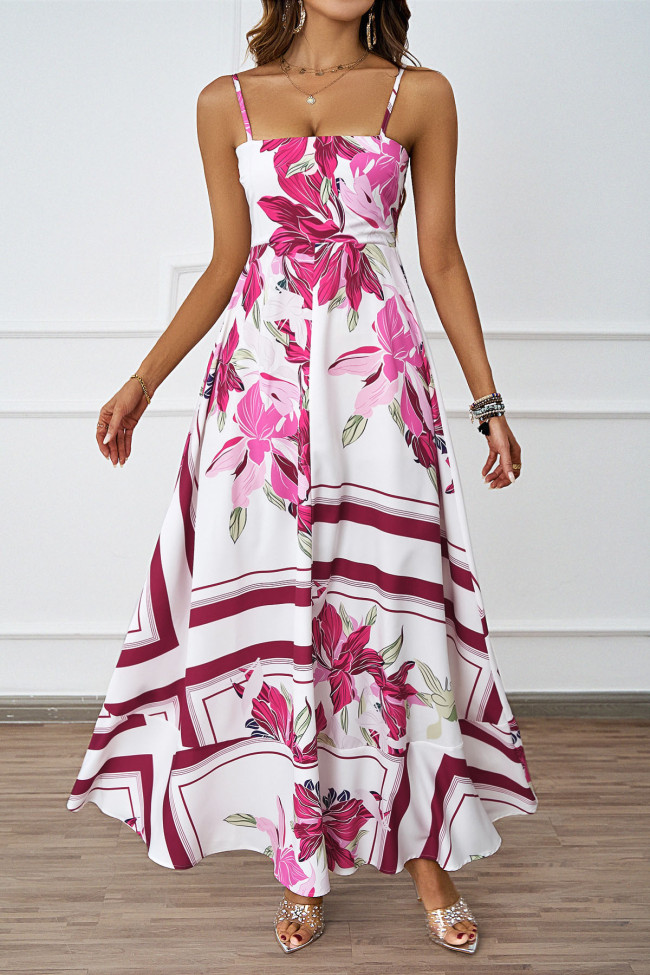 Flower Printed Back Hanging Sleeveless Dress