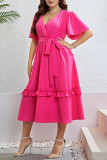 Large Size Summer Rose Red V-Neck Dress