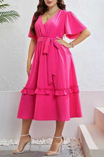Large Size Summer Rose Red V-Neck Dress
