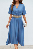 V-Neck Waist Cinched Short Sleeved Dress (without belt)