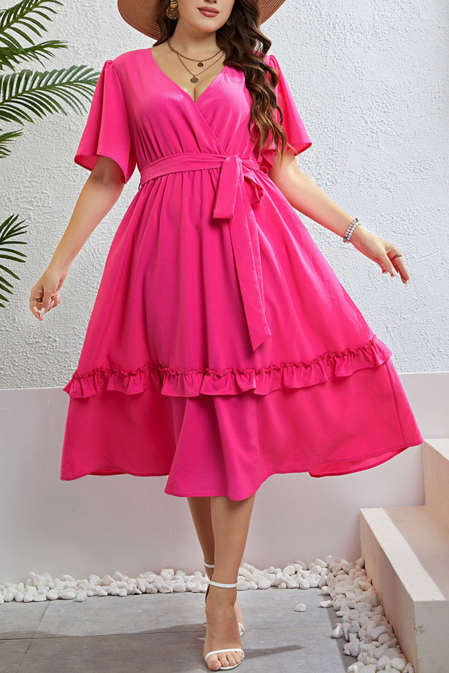 Large Size Summer Rose Red V-Neck Dress
