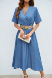 V-Neck Waist Cinched Short Sleeved Dress (without belt)