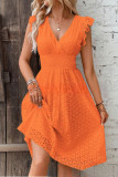Lotus Leaf Sleeve V-Neck Hollow Out Dress