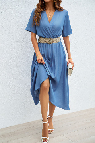 V-Neck Waist Cinched Short Sleeved Dress (without belt)