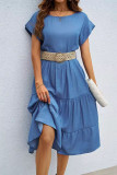 Solid Color Round Neck Short Sleeved Dress（ without belt)）