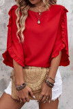 Round Neck Lotus Leaf Edge Seven Quarter Sleeve Shirt