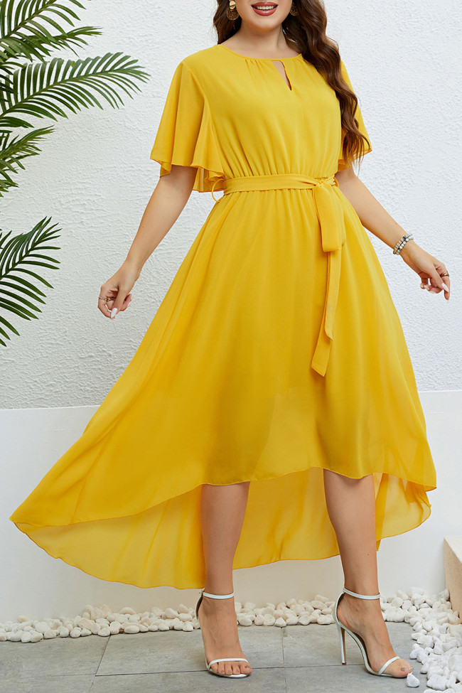 Yellow V-Neck Fied Waist Dress