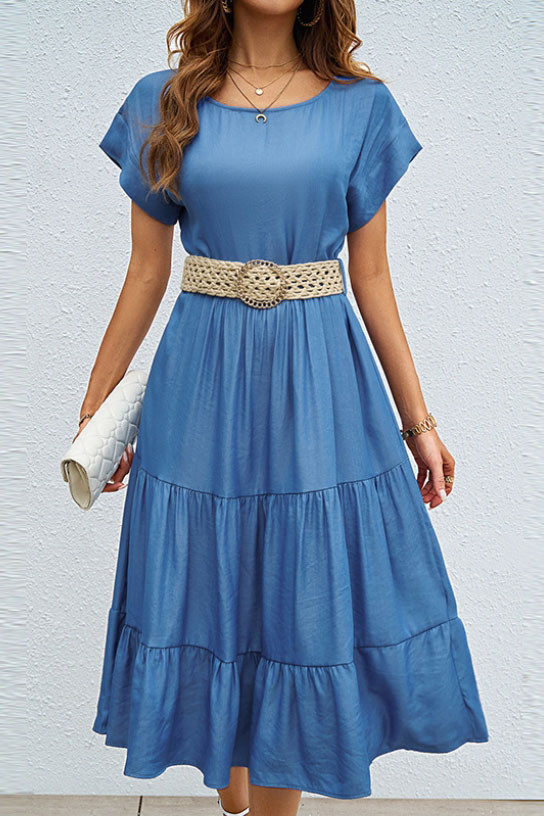 Solid Color Round Neck Short Sleeved Dress（ without belt)）