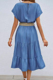 Solid Color Round Neck Short Sleeved Dress（ without belt)）