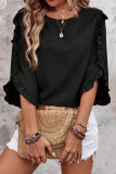 Round Neck Lotus Leaf Edge Seven Quarter Sleeve Shirt