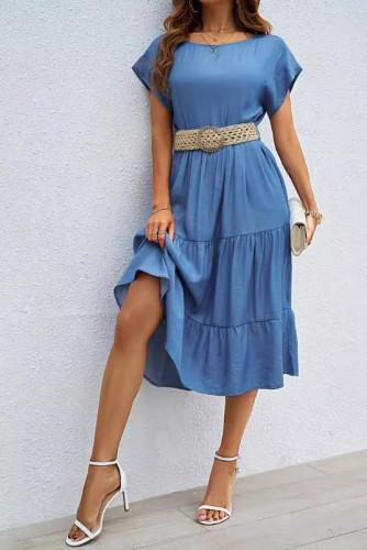 Solid Color Round Neck Short Sleeved Dress（ without belt)）