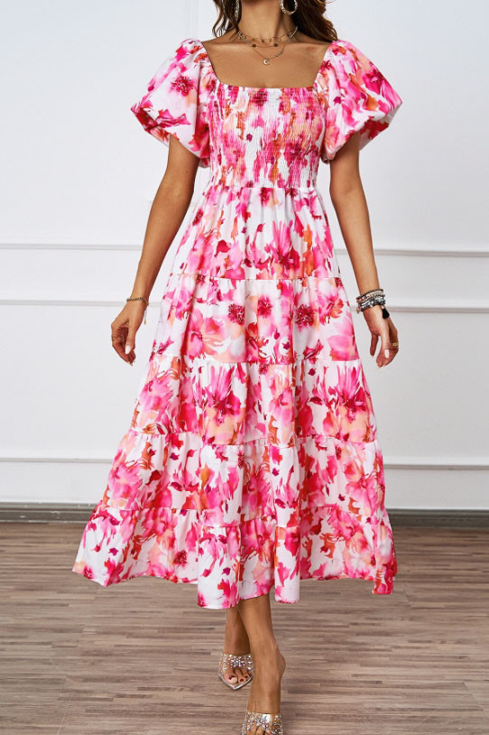 One Shoulder Printed Bubble Sleeve Dress