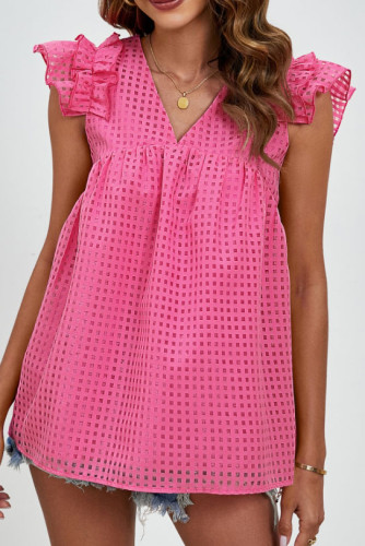 V-Neck Plaid Ruffled Sleeve T-Shirt