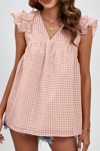 V-Neck Plaid Ruffled Sleeve T-Shirt
