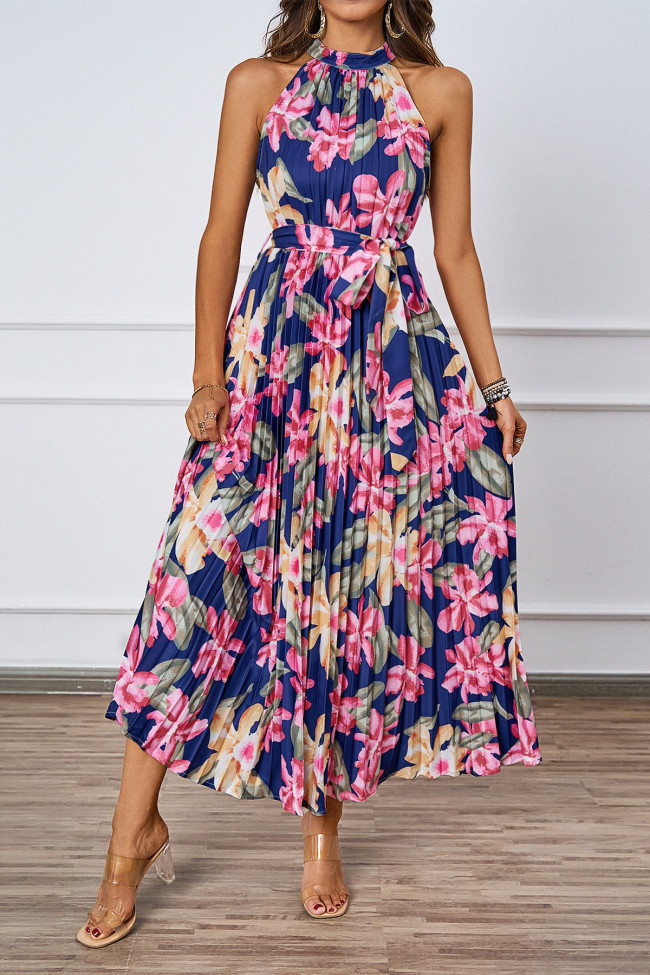 Hanging Neck Big Swing Printed Dress
